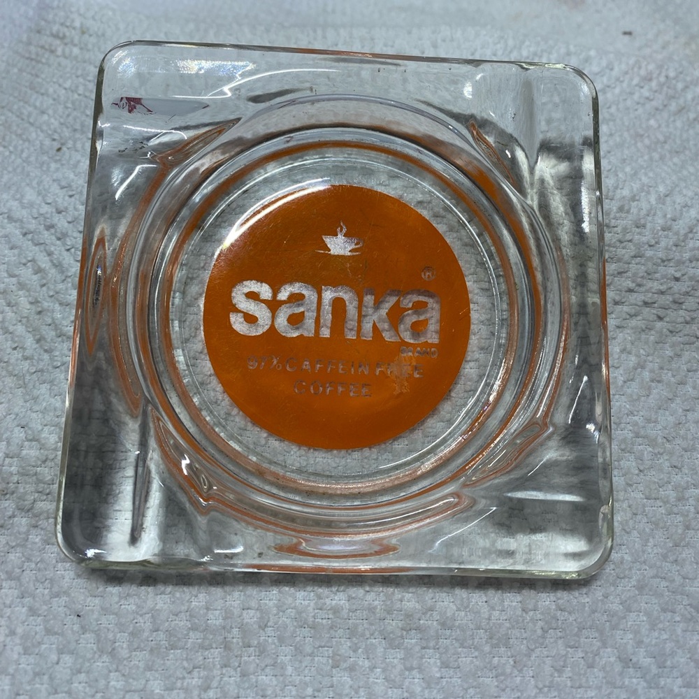 Vintage Sanka clear glass ashtray.